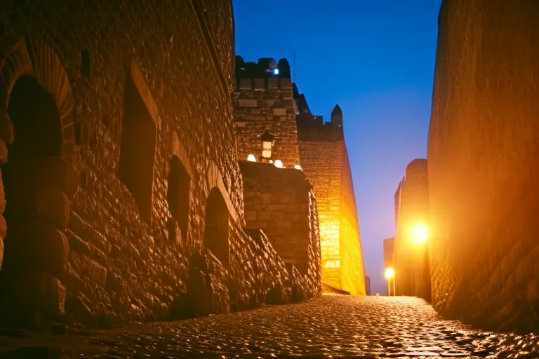 A narrow, cobblestone street winds upwards towards a towering stone structure at the top. The warm glow of street lamps contrasts with the cool blue light of the fortress, creating a romantic and enchanting atmosphere.
