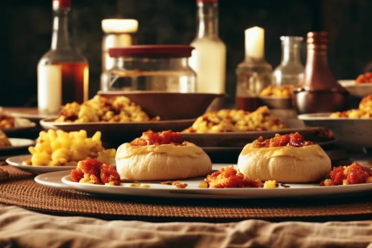 A rustic table set with plates of steaming khachapuri, khinkali, and lobio, surrounded by bottles of Rkatsiteli, Saperavi, and Tsinandali, with churchkhela and Kindzmarauli for dessert.