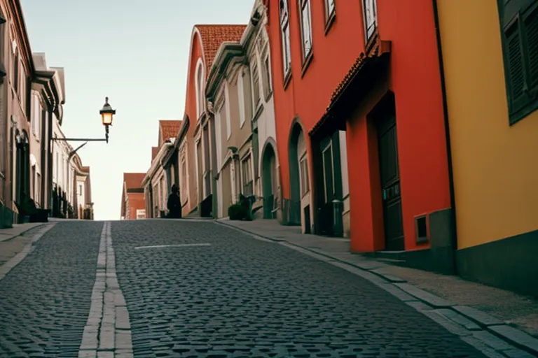 A winding cobblestone street lined with colorful buildings, flower boxes, and street lamps, leading up to a towering fortress in the distance.