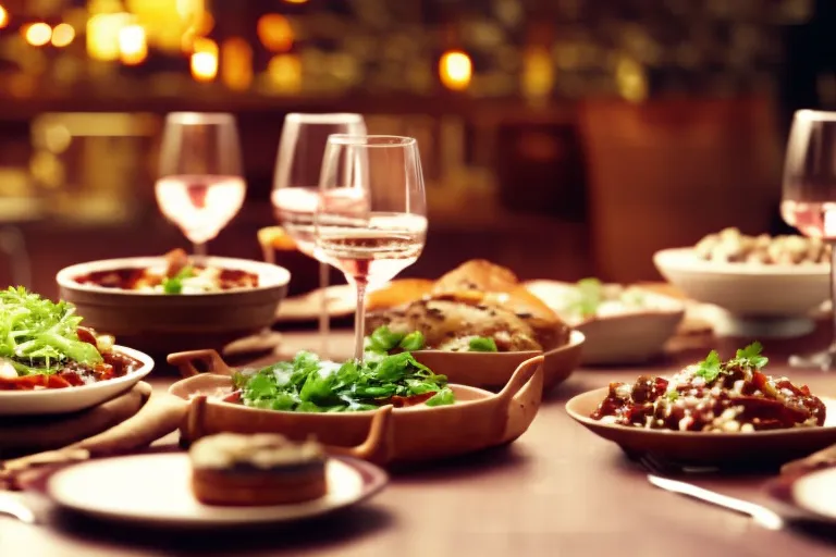 A rustic tabletop spread with an array of colorful and flavorful dishes from a unique blend of cuisines, paired with glasses of rich, ruby-red wine.