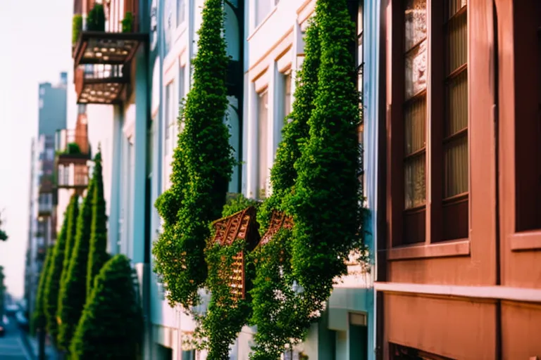A photo of a colorful street in an old, historic neighborhood with balconies and plants hanging off the buildings.
