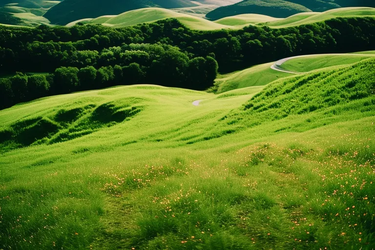 A serene landscape with rolling hills, a winding river, and a distant structure standing tall against the sky.