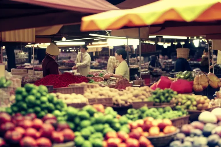 A bustling outdoor market with colorful stalls selling a variety of goods, including textiles, fresh produce, and handmade crafts. Shoppers can be seen bargaining with vendors as they browse the selection.