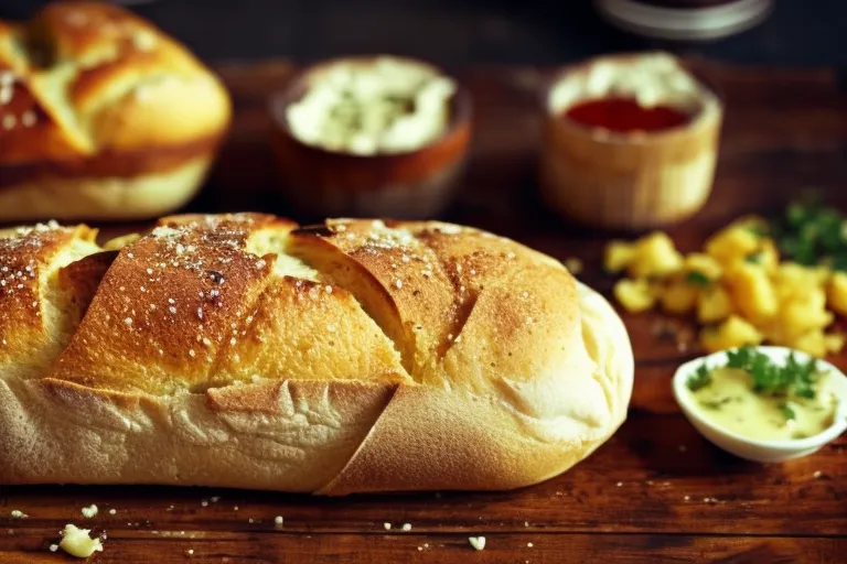 A rustic wooden table with a freshly baked bread boat, filled with oozy cheese, melted butter, and a sunny-side-up egg on top. A sprinkle of herbs adds a pop of color.