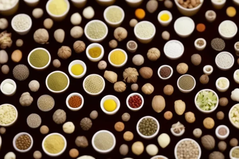 A colorful array of spices and herbs arranged in a geometric pattern, with a faint glow that suggests warmth and flavor.