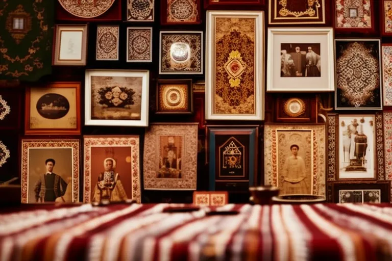 A collection of unique and antique finds from various markets are displayed on a wooden table set against a backdrop of colorful tapestries and woven fabrics.