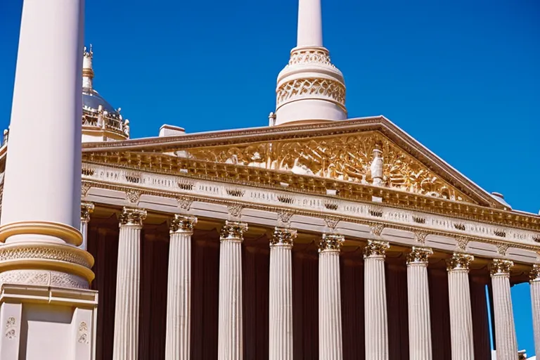 A photo of a grand building with ornate architecture, featuring tall columns and intricate details, set against a backdrop of a clear blue sky.