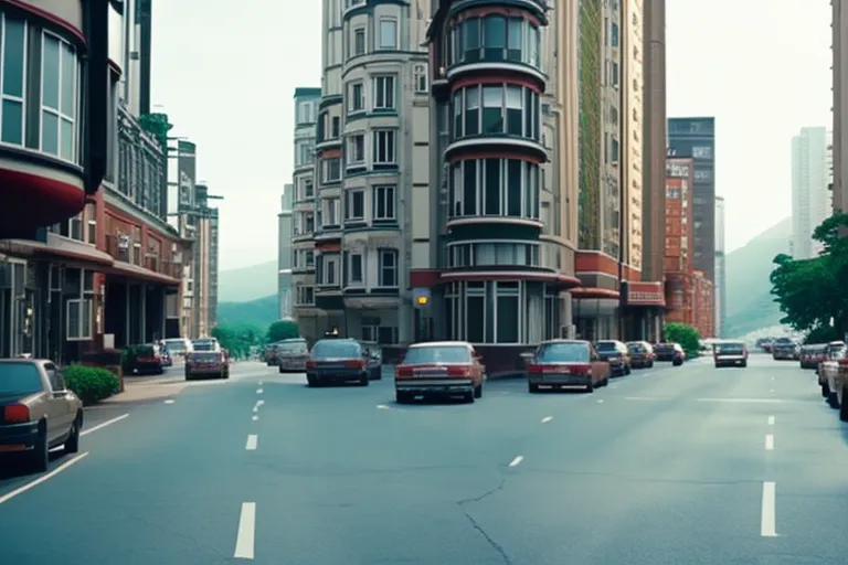 A vibrant street scene with colorful buildings and winding cobblestone roads, surrounded by lush greenery and towering hills in the background.