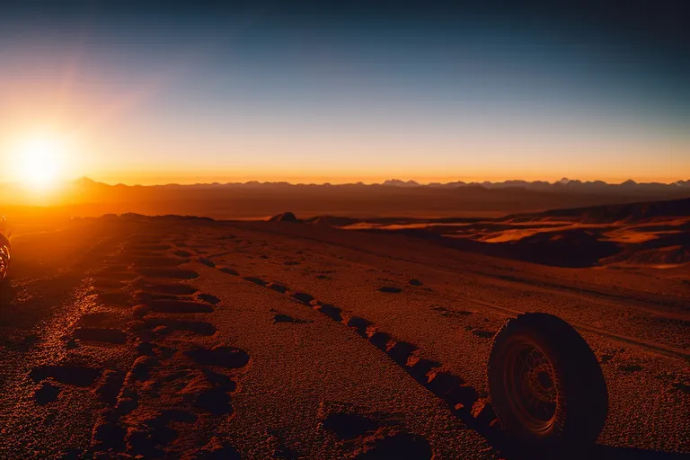 A rugged terrain with tire tracks leading off into the distance. The sun is setting, casting a warm glow over the landscape. In the foreground, an ATV is parked with a helmet resting on the seat.