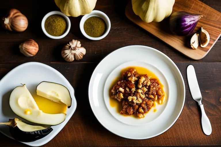 A photo of a rustic wooden table with a plate of Badrijani Nigvzit in the center, surrounded by ingredients like eggplants, walnuts, garlic, and herbs. A rolling pin and knife are placed beside the plate. A warm and cozy atmosphere is suggested with dim lighting and a few lit candles.