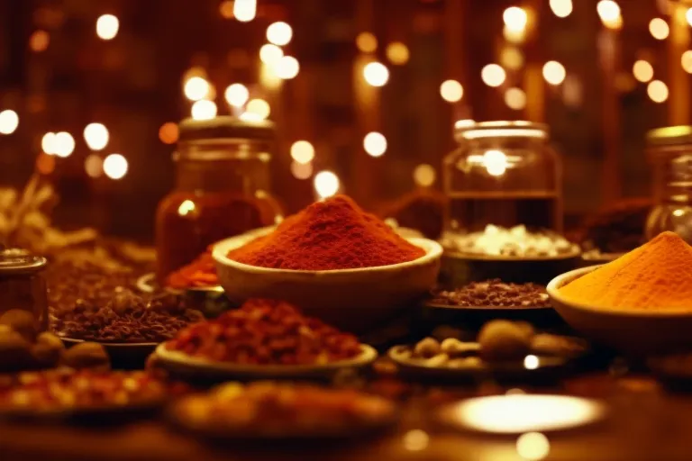 A rustic wooden table adorned with plates of Badrijani Nigvzit, surrounded by jars of colorful spices and a warm, inviting atmosphere.