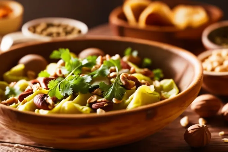 A rustic wooden bowl filled with creamy Bazhe sauce, surrounded by a colorful array of fresh herbs, spices, and nuts. The warm sunlight streaming in from the window bathes the scene in a cozy glow.