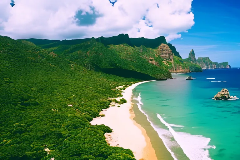 A serene beach with crystal clear waters, surrounded by lush greenery and tall cliffs in the background. The sky is a vibrant shade of blue with fluffy white clouds.