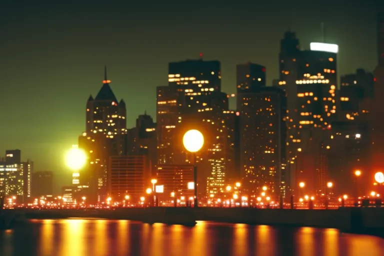 A colorful cityscape at night, with several buildings illuminated in warm tones and others in cool tones, creating a harmonious contrast.