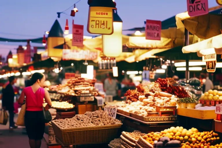 A colorful and bustling outdoor market filled with vendors selling a variety of goods, from handcrafted items to secondhand clothing. The vibrant atmosphere and unique finds make it a must-visit spot for budget shoppers.