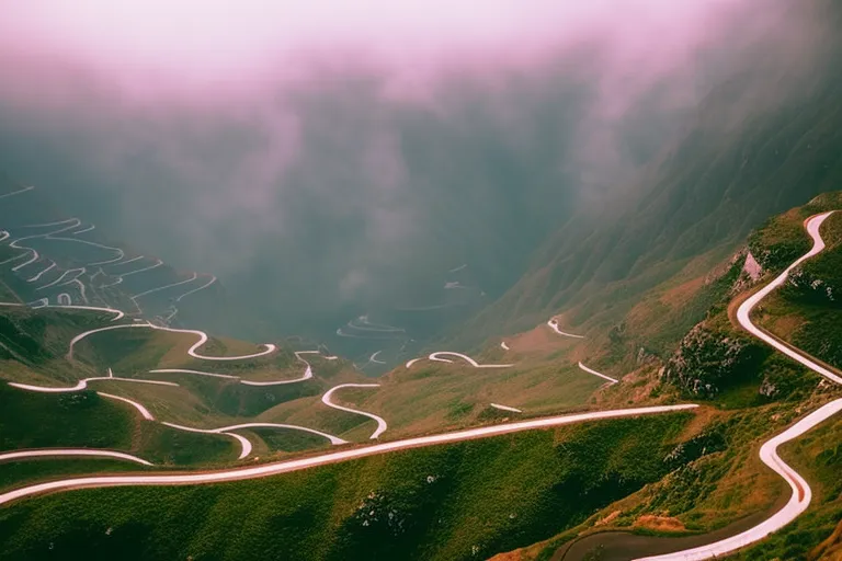 A misty mountain landscape with a winding road leading to a colorful village nestled in the valley below.