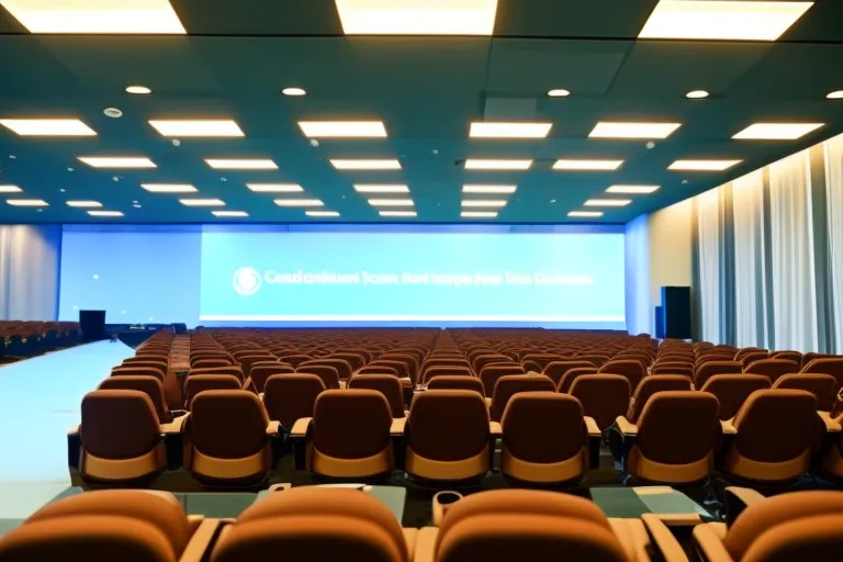 A modern, elegant conference hall with sleek furniture and state-of-the-art audiovisual equipment awaits guests in this photo. The room features large windows that let in natural light, creating a bright and inviting atmosphere.
