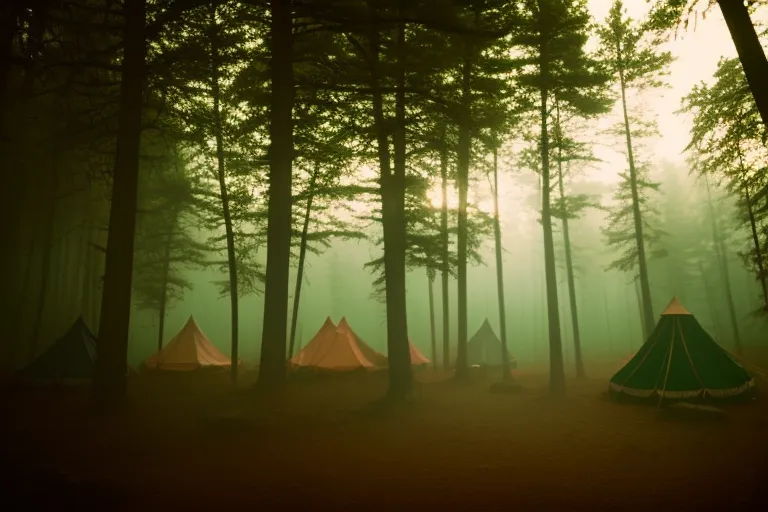 A misty forest with colorful glamping tents peeking out from behind the trees.