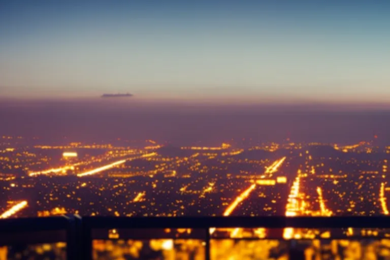 A panoramic view of a cityscape with a hazy, dreamlike effect and warm, golden hues. The foreground features the silhouette of a rooftop terrace with seating, inviting the viewer to take in the breathtaking view.