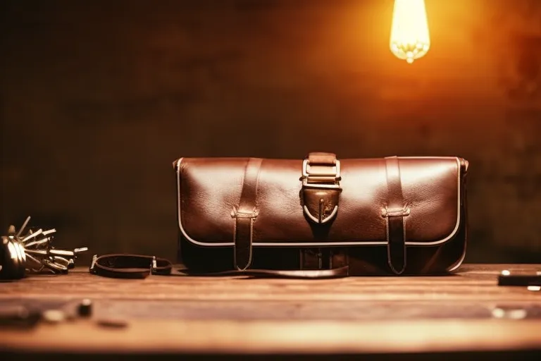 A leather purse sits on a rustic wooden table, surrounded by tools and materials. The warm light from a nearby lamp highlights the texture and quality of the leather.