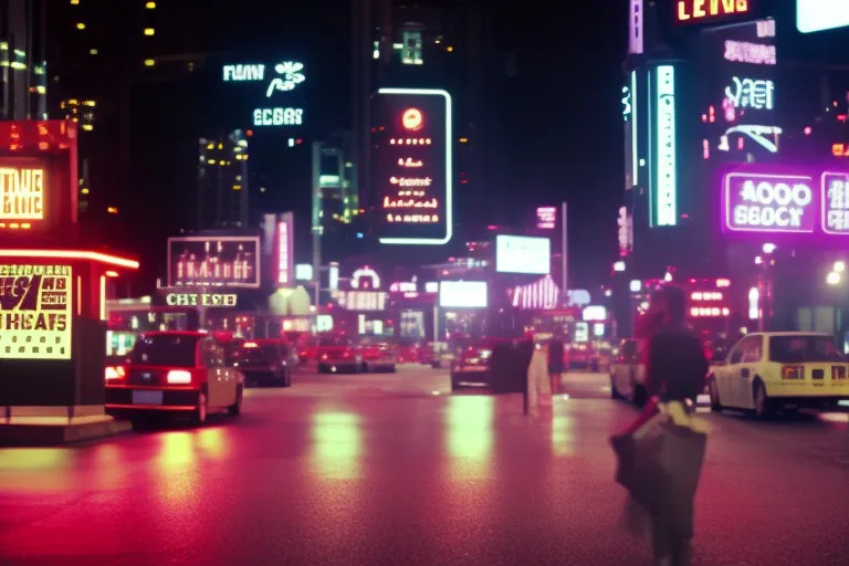 A neon-lit street with colorful signs and symbols, hinting at the vibrant nightlife scene in a bustling city.