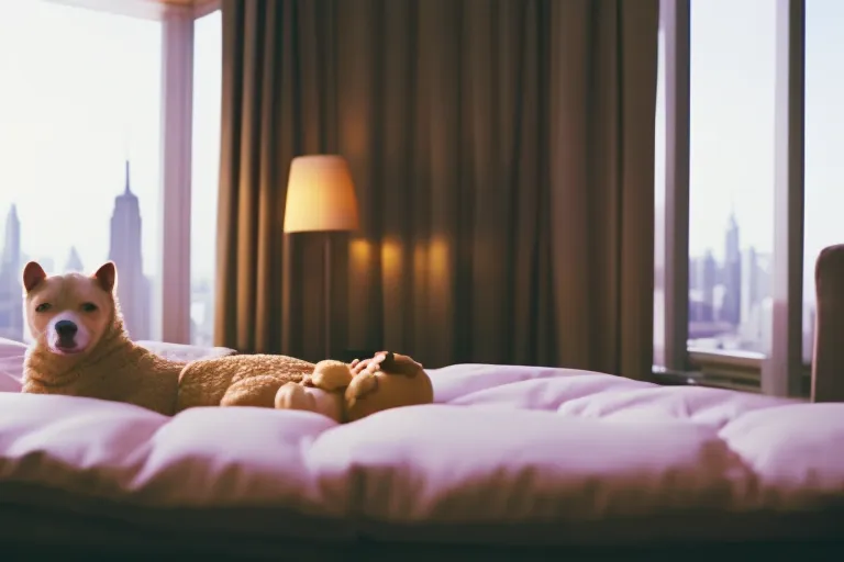 A cozy hotel room with a pet bed and toys in the foreground, and a view of a city skyline in the background.