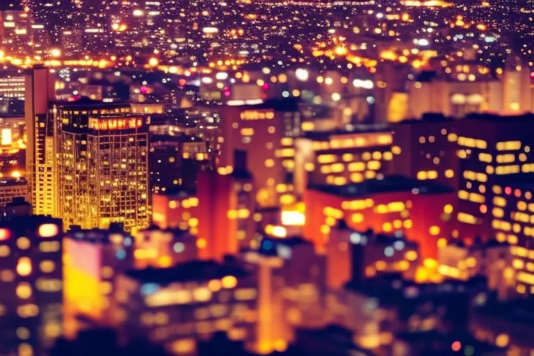 A bird's eye view of a colorful and vibrant cityscape, with multiple buildings featuring rooftop bars. The photo captures the energy and excitement of the city's nightlife.