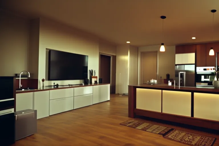 A cozy and spacious living room area with a fully equipped kitchen in the background, featuring modern appliances and stylish decor.