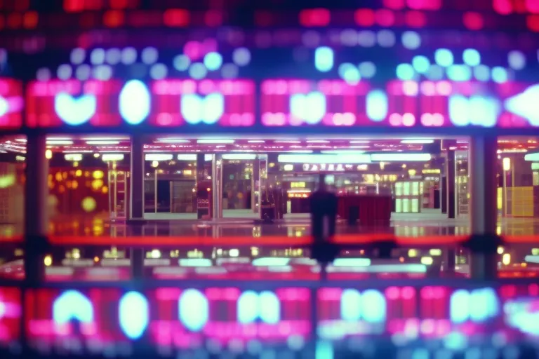 A colorful, futuristic shopping center with geometric shapes and vibrant lights illuminating the interior.