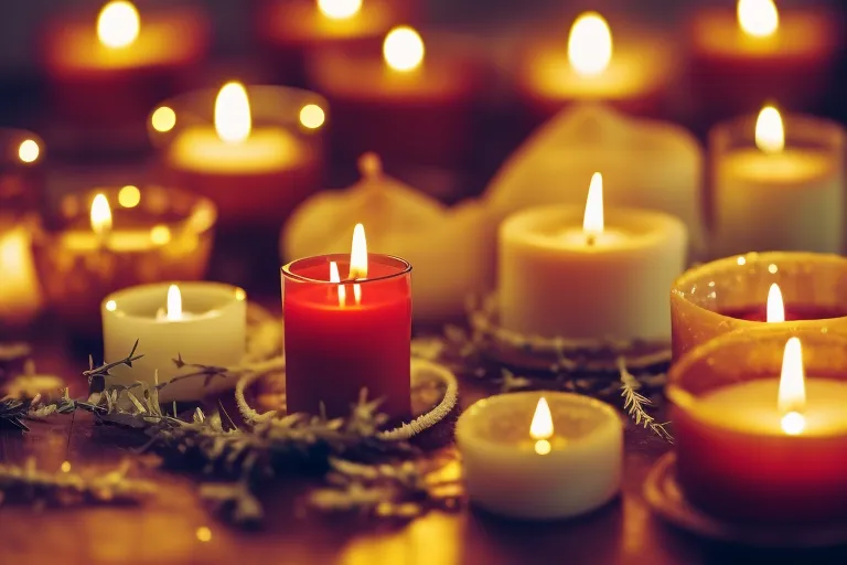 A warm, cozy photo of various types of candles in different shapes, sizes, and colors, arranged neatly on a wooden surface with a soft, blurred background.