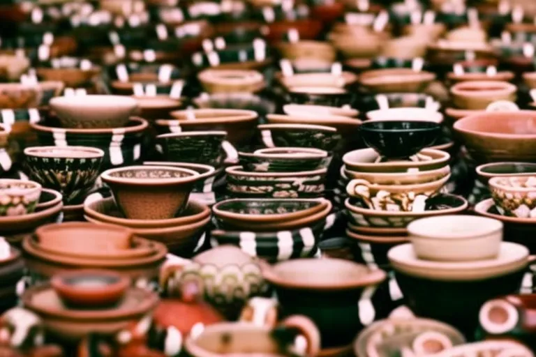 A colorful display of unique ceramics from around the world, arranged on wooden shelves against a white wall.