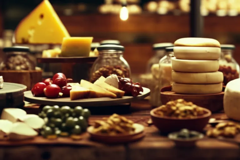 A rustic wooden table adorned with an array of cheeses in various shapes, sizes, and colors. In the background, shelves are stocked with jars of pickles, olives, and other condiments.