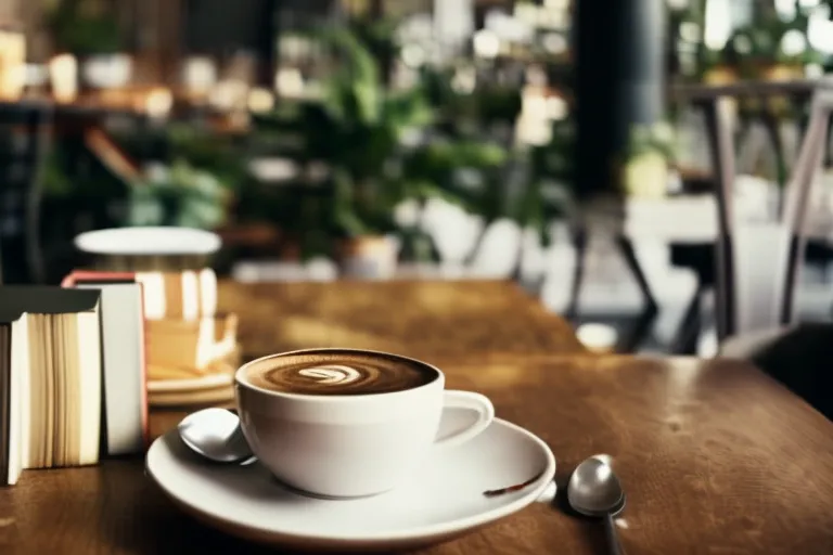 A welcoming cafe with an eclectic mix of vintage and modern decor, featuring a steaming cup of coffee on a wooden table surrounded by plants and books.
