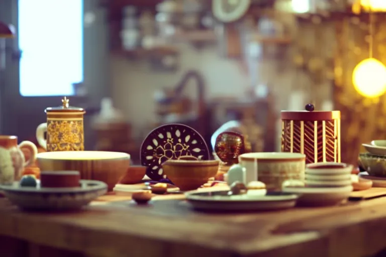 A cozy and eclectic home interior featuring handmade ceramics, colorful textiles, and unique wooden furniture, all sourced from different shops around the city.