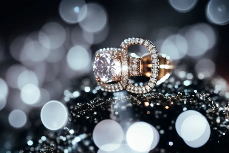 A close-up photo of a sparkling, intricate piece of jewelry on a dark background, with soft lighting to highlight its details.