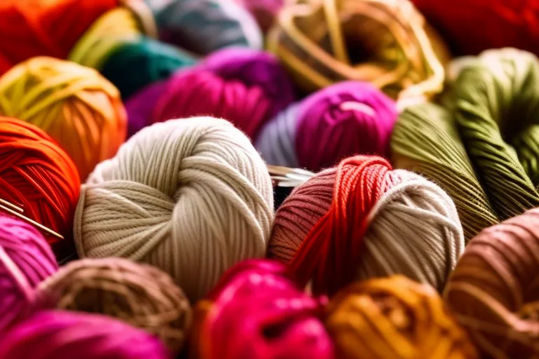 A cozy and colorful display of yarn skeins arranged in a gradient pattern, with knitting needles and crochet hooks scattered around.