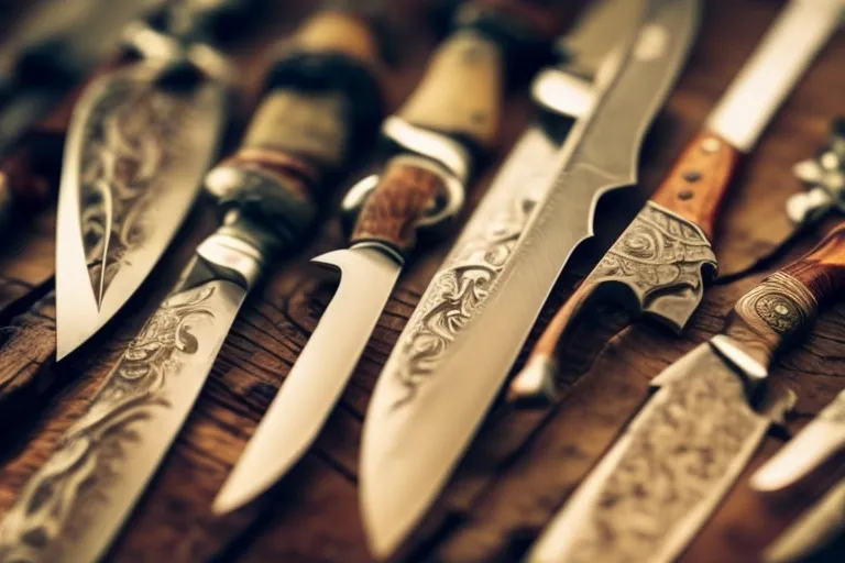 A close-up shot of a variety of unique, handcrafted knives displayed on a rustic wooden surface with a blurred antique market in the background.