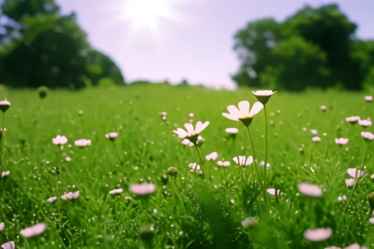 A serene photo of a green field with a few flowers and a butterfly, symbolizing the purity and naturalness of organic skincare products.