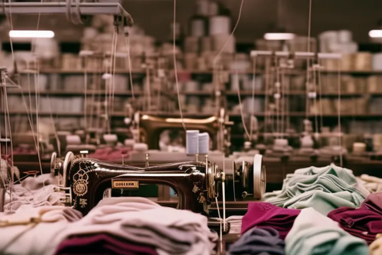 A colorful display of various fabrics, threads, and needles arranged neatly on shelves and in baskets, with a few sewing machines in the background.