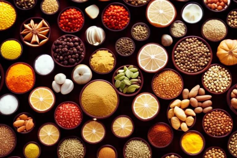 A colorful array of spices arranged in a circular pattern, with different textures and shapes, creating a visually appealing and vibrant image.