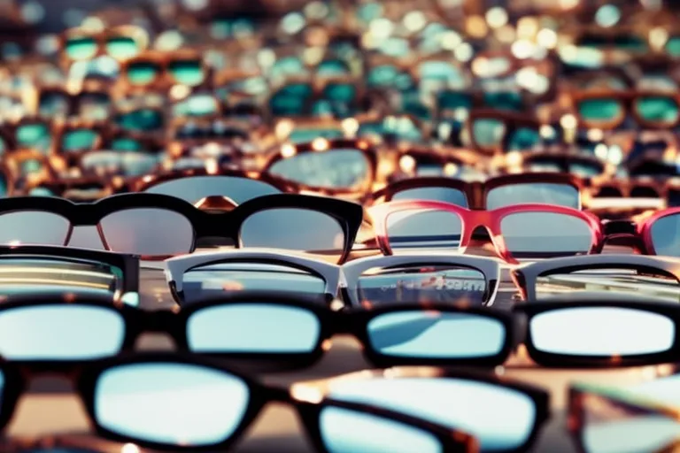 A display of colorful sunglasses of different shapes and sizes arranged on a white background with a few palm leaves in the background.