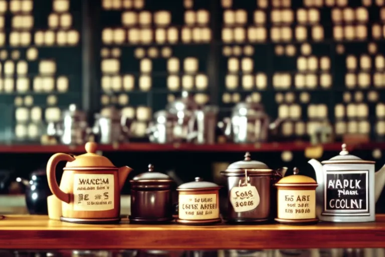 A cozy wooden tea shop with shelves of colorful tea tins and jars, a rustic chalkboard menu, and a steaming teapot on a small table.