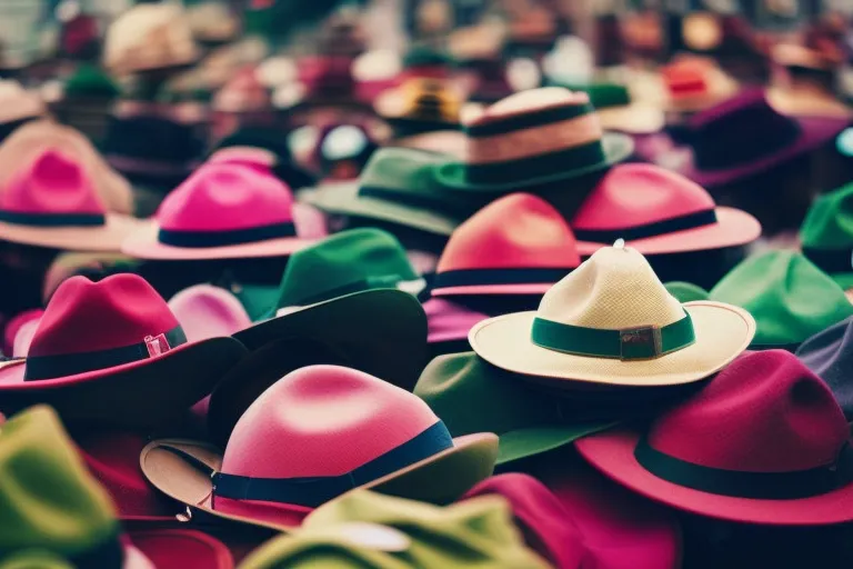 A vibrant display of colorful hats in a bustling market.