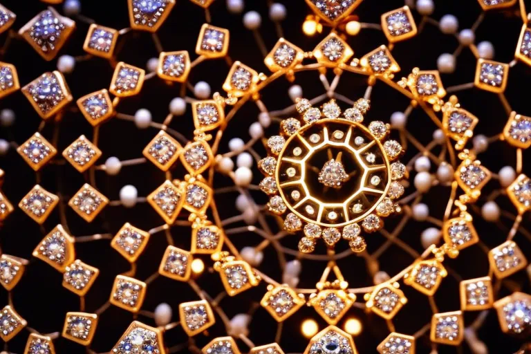A mesmerizing display of intricate gold and silver jewelry, adorned with colorful precious stones, arranged in a circular pattern on a dark background.
