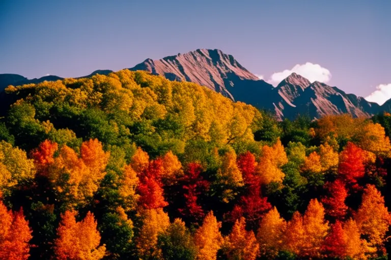 A colorful landscape with changing leaves and snow-capped mountains in the background.