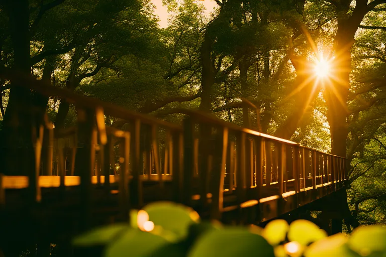 A treehouse surrounded by lush greenery with a wooden bridge leading up to it. The sun sets in the background, casting a warm glow over the scene.
