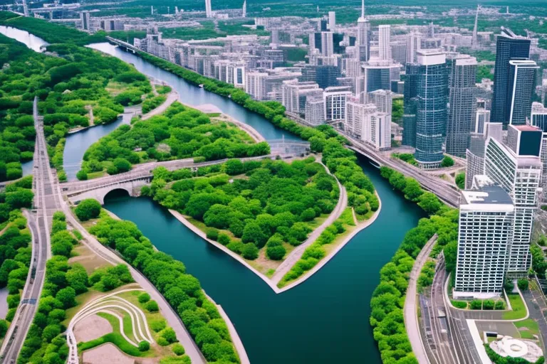 Aerial view of a city with multiple lookout points visible, surrounded by lush greenery. The skyline is a mix of old and new architecture, with a river winding through the city.