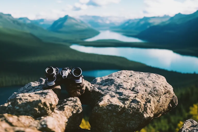 A serene landscape with a body of water reflecting the sky and trees in the background, with a pair of binoculars and hiking boots placed on a rock in the foreground.