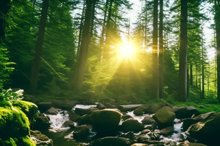 A bubbling natural spring in a lush forest, surrounded by trees and rocks, with rays of sunlight shining through the branches.
