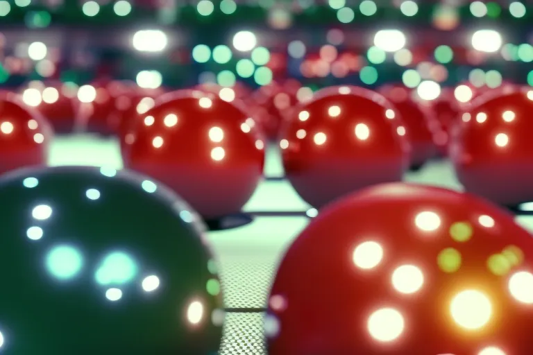 A photo of colorful bowling balls arranged in a stable diffusion model, with a blurred background of neon lights and shiny surfaces.